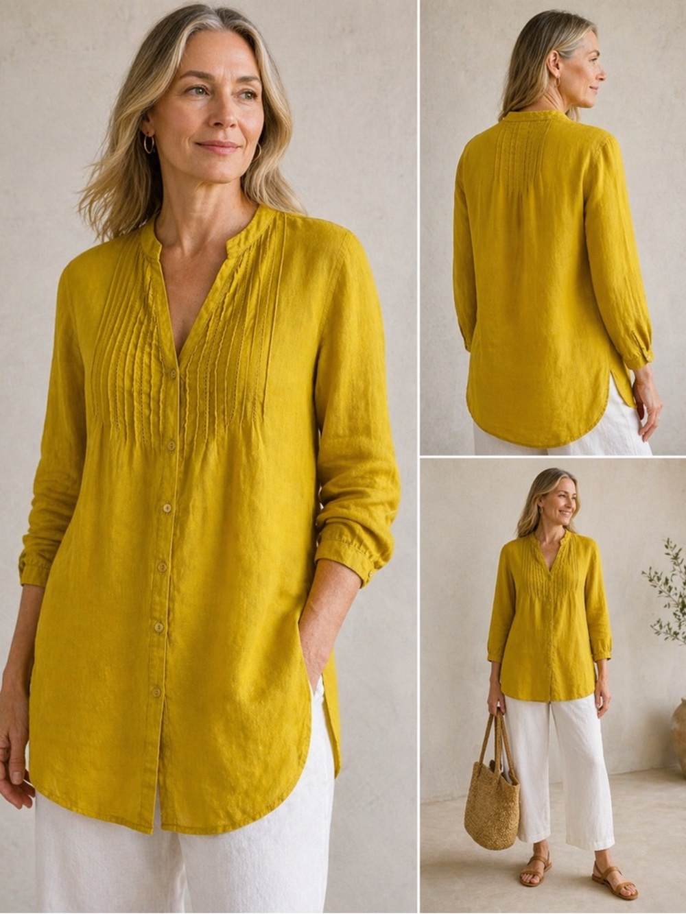 Eileen Fisher Linen Tunic Top Marigold Yellow Pintuck Button Front Side Slit S